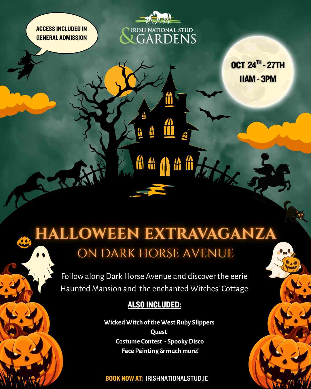 Halloween Extravaganza on Dark Horse Avenue poster, 24 to 27 October, 11am to 3pm, included in general admission